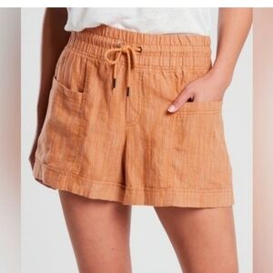 Athleta Cabo 100% Linen Textured 4'' Short Women Sz 14 Toasted Ochre Drawstring